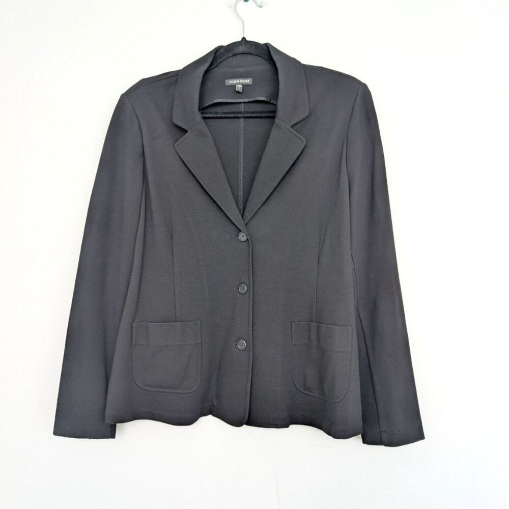 Eileen Fisher Stretch Ponte Knit Black 3 Button Blazer Sz L Minimalist Career